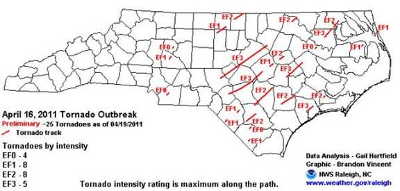 tornadoes north carolina april 2011. Map of North Carolina during